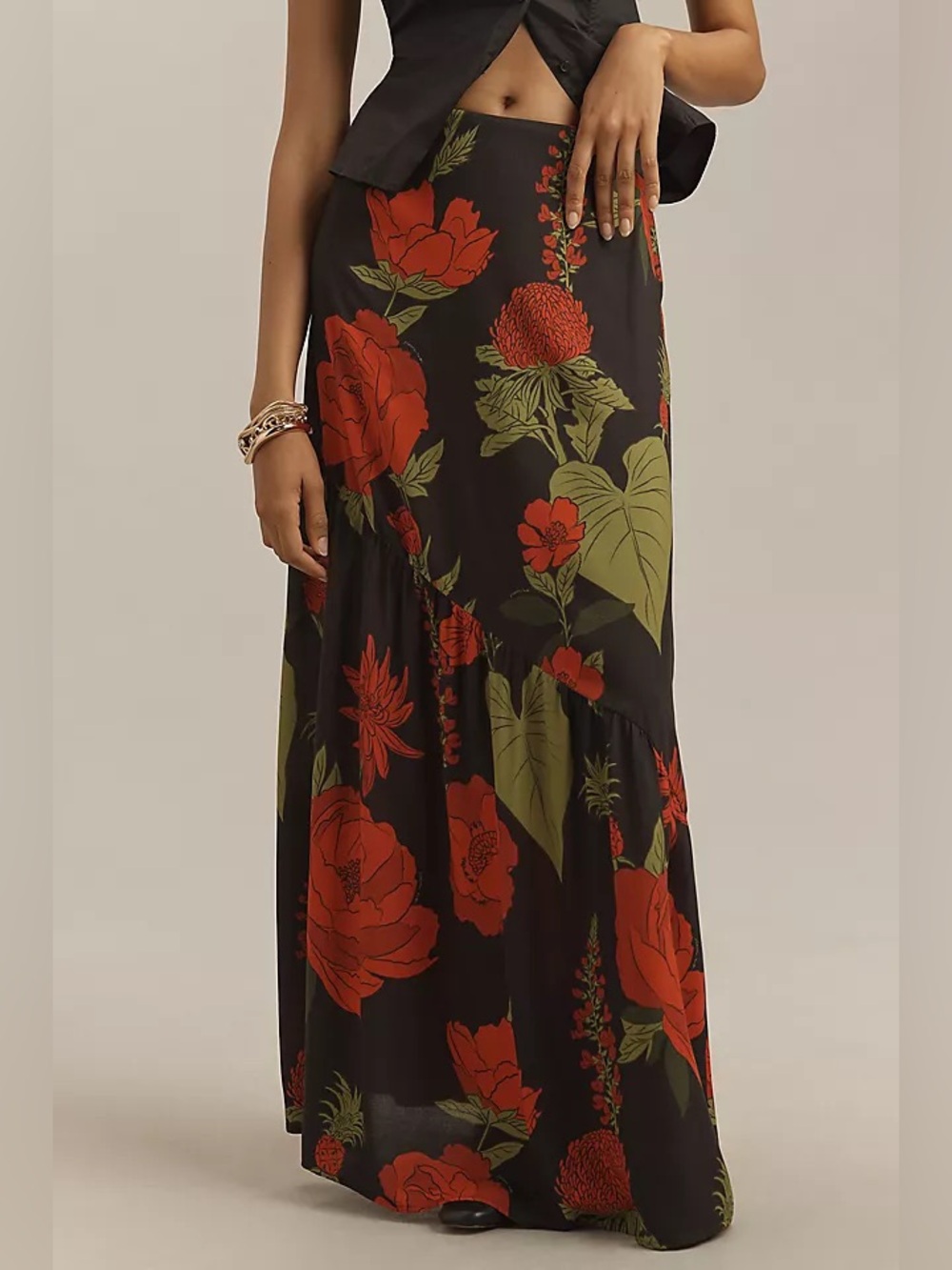Farm Rio for Anthropologie Black Red Floral Maxi Skirt Tropical Tiered Small
